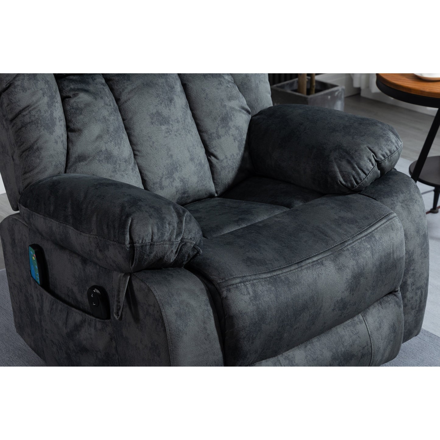 Fauteuil inclinable électrique surdimensionné en velours gris avec massage, chauffage lombaire, 2 poches latérales et port USB