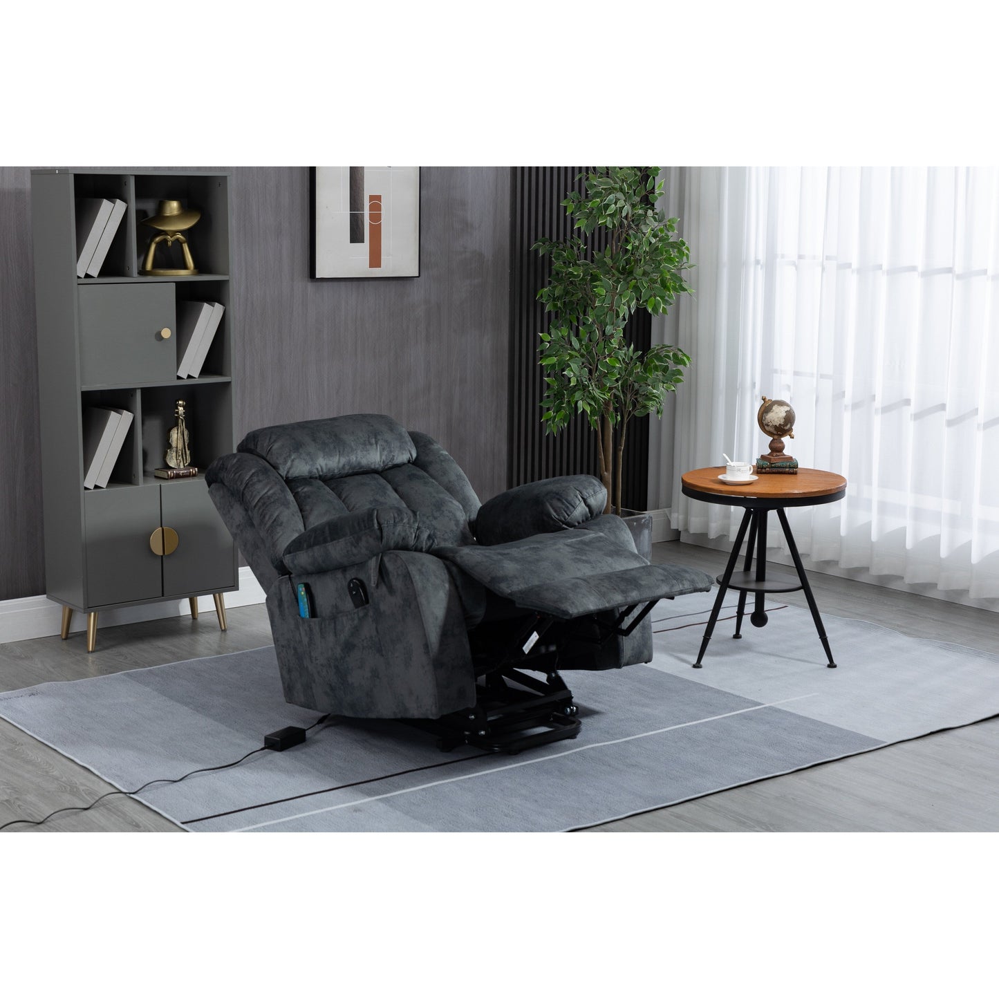 Fauteuil inclinable électrique surdimensionné en velours gris avec massage, chauffage lombaire, 2 poches latérales et port USB