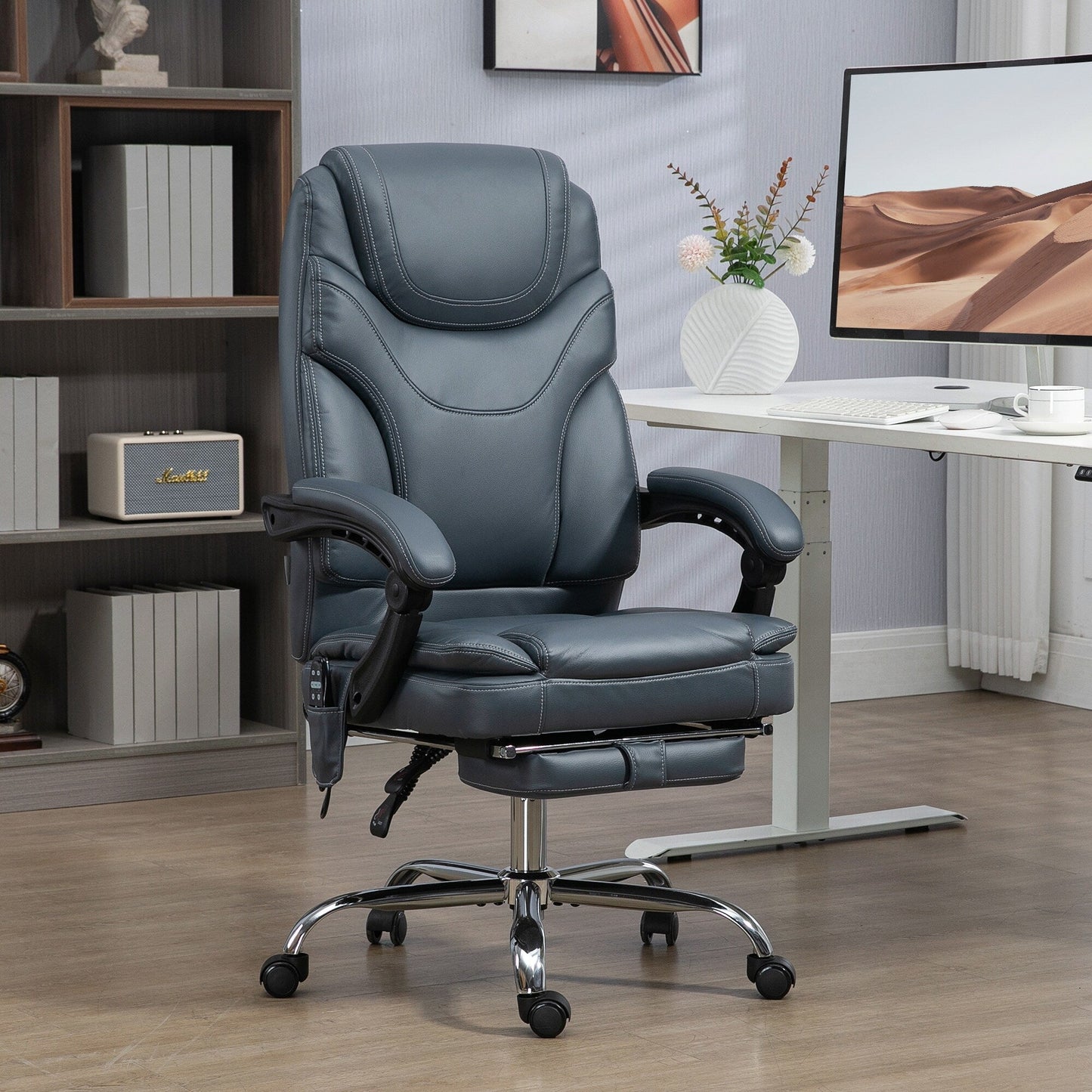 Fauteuil de bureau inclinable pivotant à 360° en cuir synthétique gris avec massage par vibrations, chauffage lombaire, repose-pieds et hauteur réglable