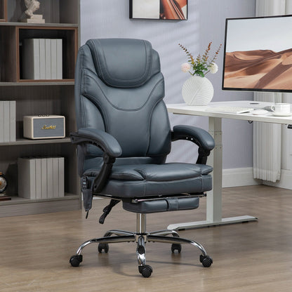 Fauteuil de bureau inclinable pivotant à 360° en cuir synthétique gris avec massage par vibrations, chauffage lombaire, repose-pieds et hauteur réglable