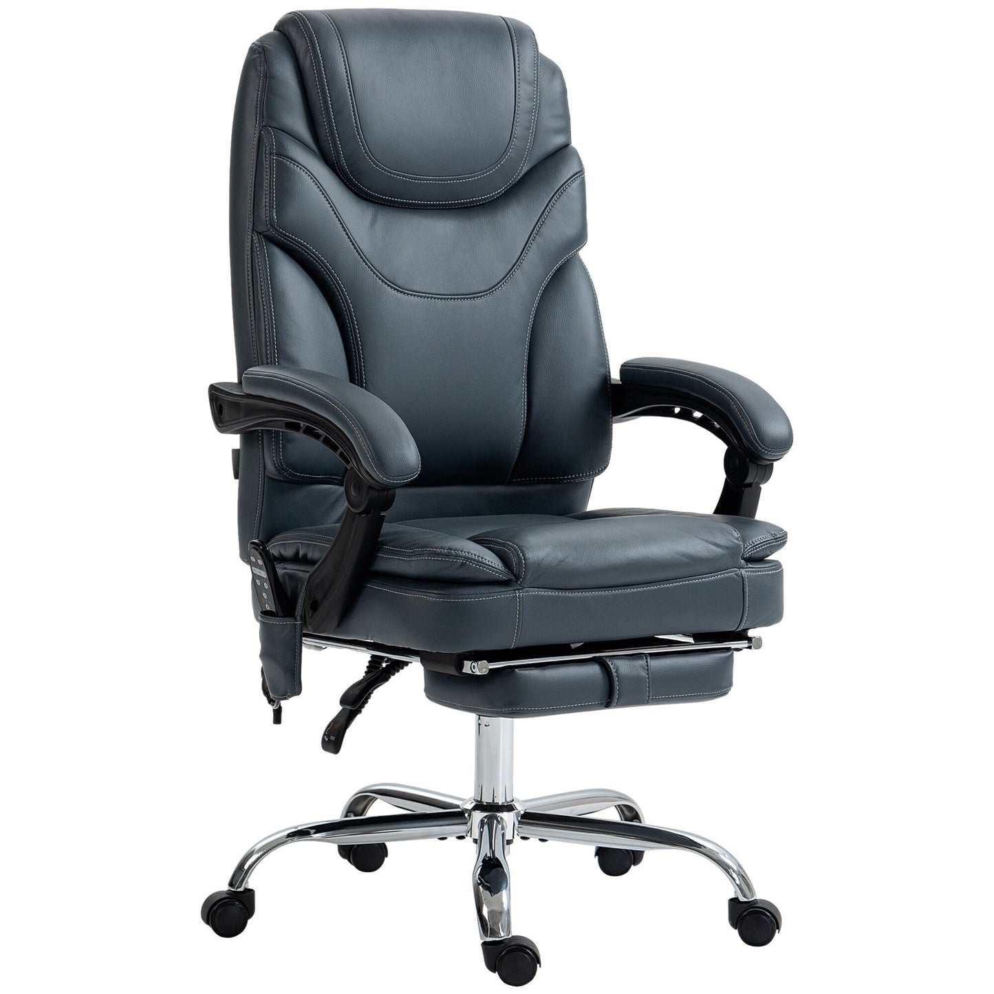 Fauteuil de bureau inclinable pivotant à 360° en cuir synthétique gris avec massage par vibrations, chauffage lombaire, repose-pieds et hauteur réglable