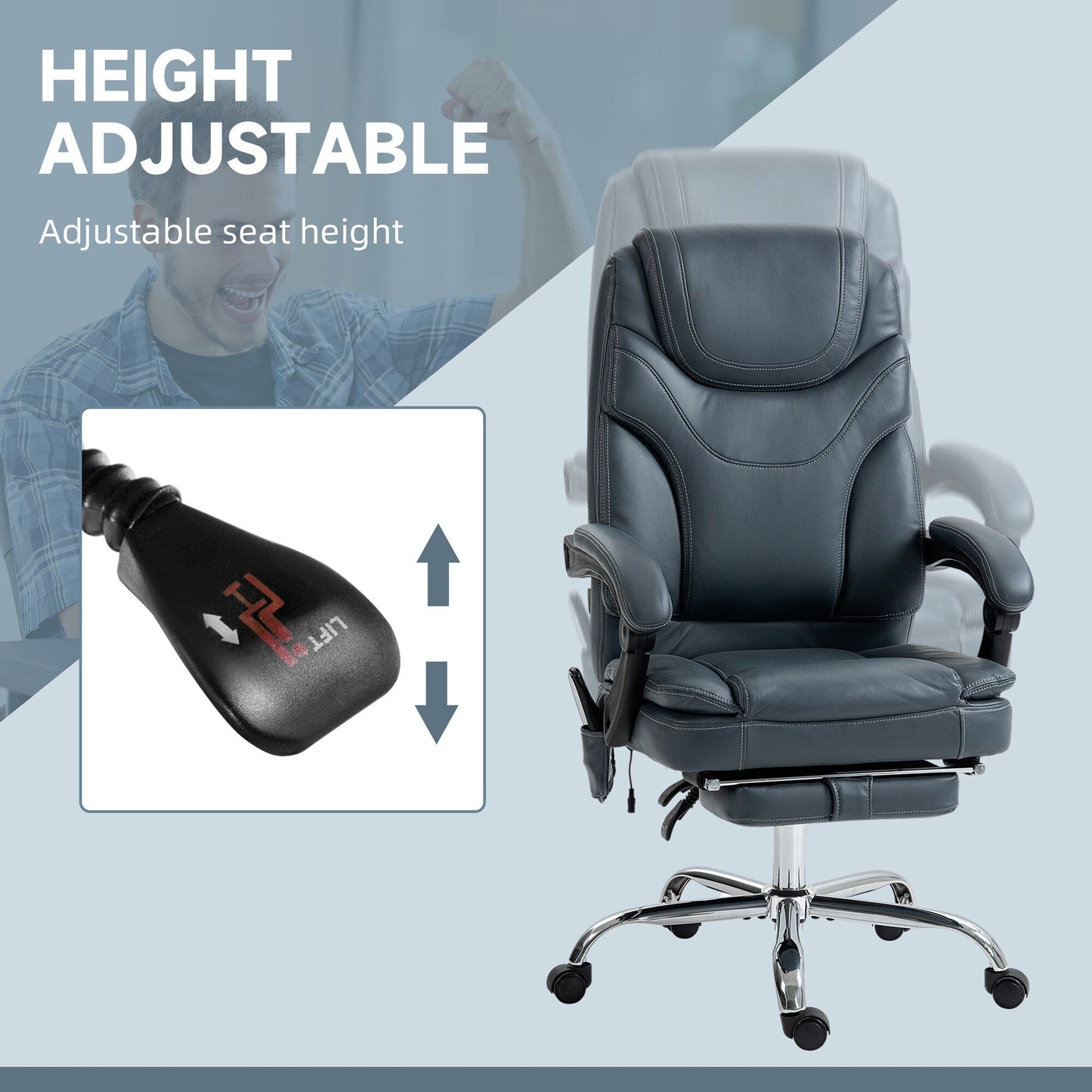 Fauteuil de bureau inclinable pivotant à 360° en cuir synthétique gris avec massage par vibrations, chauffage lombaire, repose-pieds et hauteur réglable