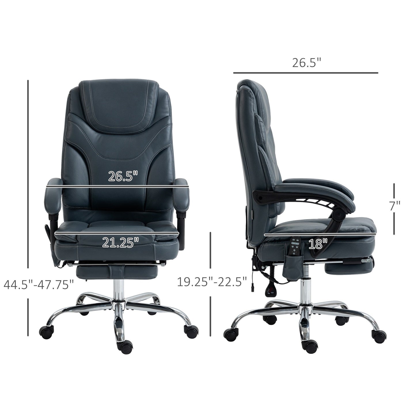 Fauteuil de bureau inclinable pivotant à 360° en cuir synthétique gris avec massage par vibrations, chauffage lombaire, repose-pieds et hauteur réglable