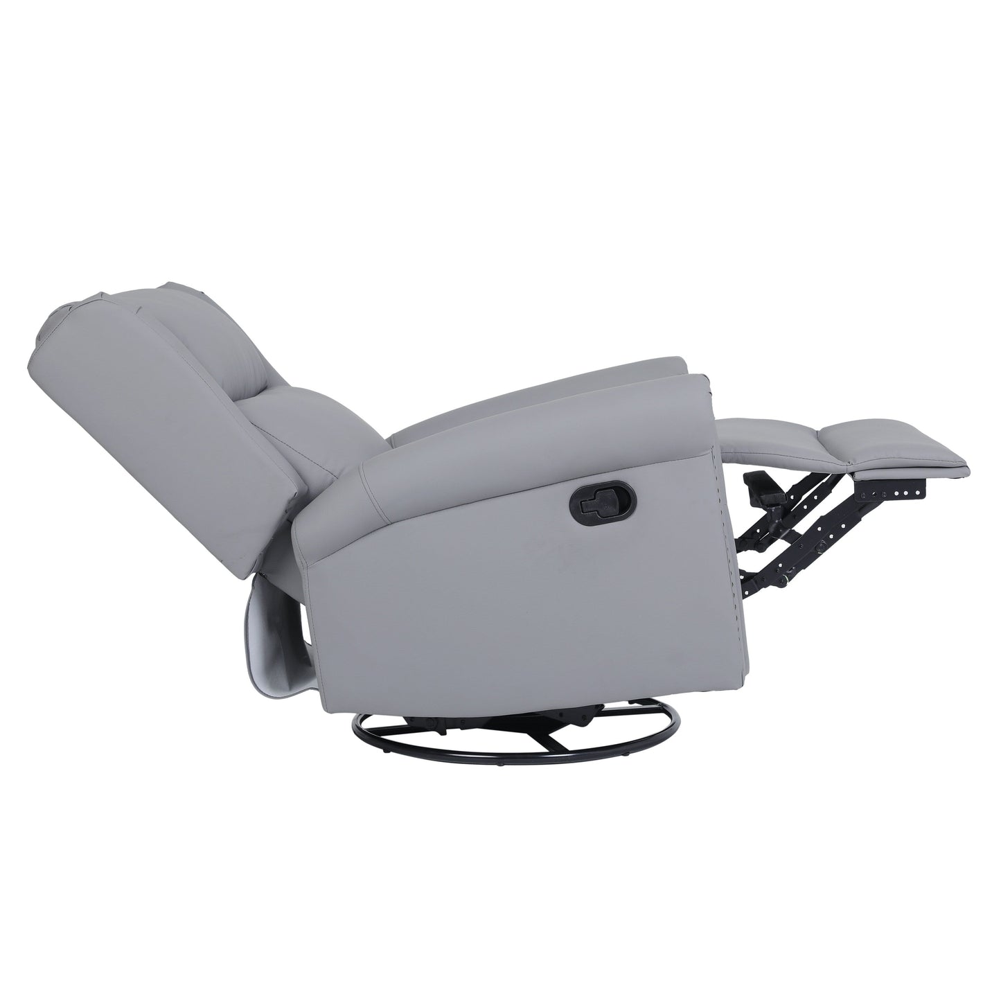 Fauteuil inclinable manuel pivotant à 360° en cuir synthétique gris avec dossier et repose-pieds réglables, décoration cloutée