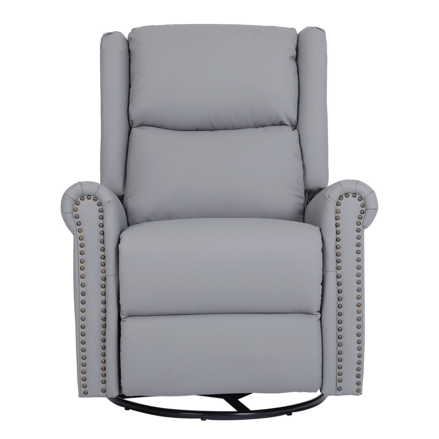 Fauteuil inclinable manuel pivotant à 360° en cuir synthétique gris avec dossier et repose-pieds réglables, décoration cloutée