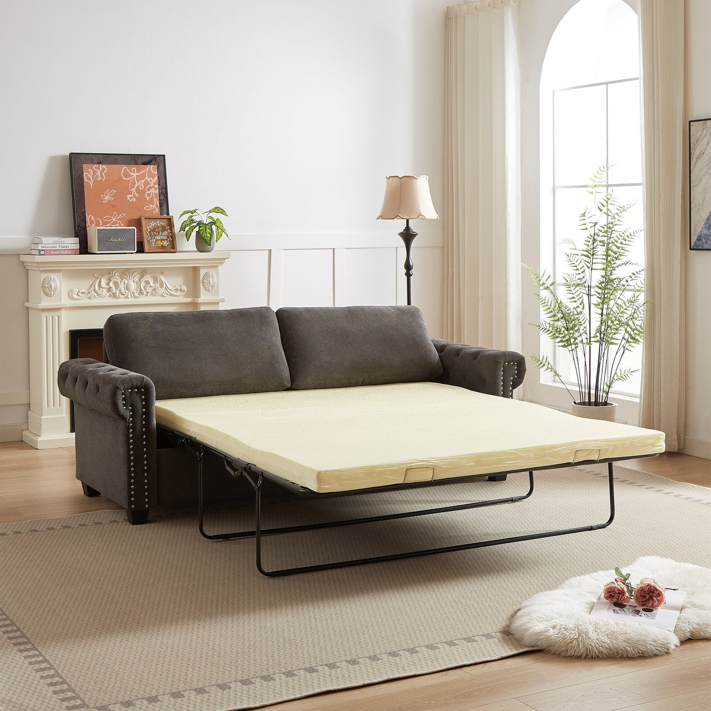 Canapé-lit convertible 3 places en polyester gris