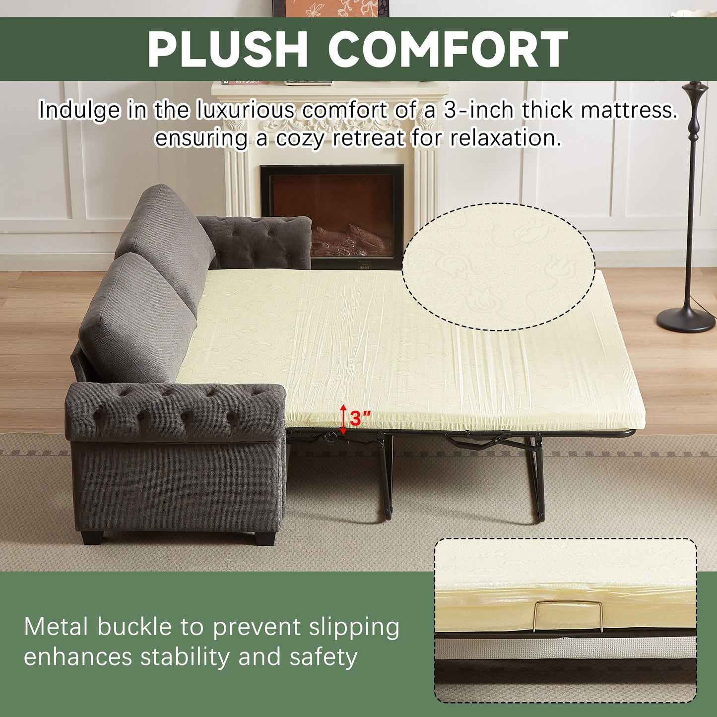 Canapé-lit convertible 3 places en polyester gris