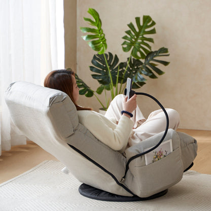 Fauteuil inclinable manuel pivotant à 360° gris rembourré avec support pour téléphone portable, appui-tête et dossier réglables