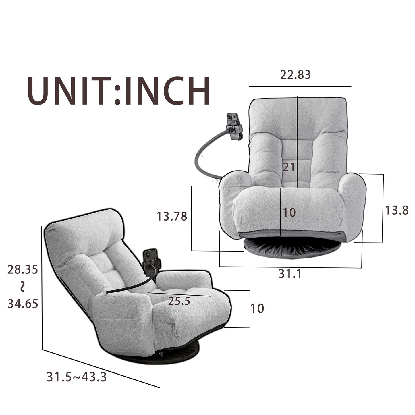Fauteuil inclinable manuel pivotant à 360° gris rembourré avec support pour téléphone portable, appui-tête et dossier réglables