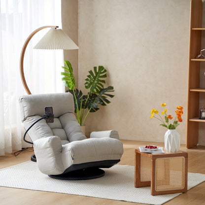 Fauteuil inclinable pivotant à 360° rembourré gris avec support pour téléphone portable et appui-tête réglable