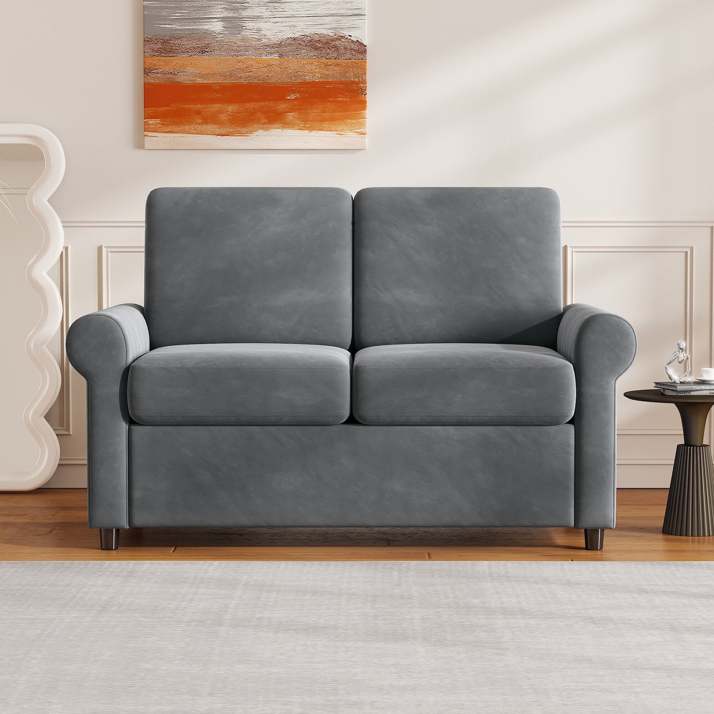 Canapé-lit gigogne en velours gris avec surmatelas et ports USB