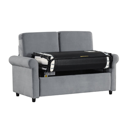 Canapé-lit gigogne en velours gris avec surmatelas et ports USB