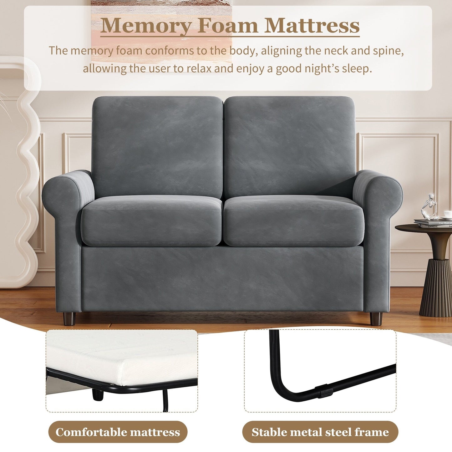 Canapé-lit gigogne en velours gris avec surmatelas et ports USB