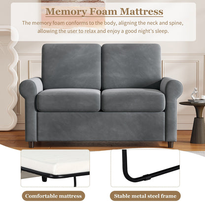 Canapé-lit gigogne en velours gris avec surmatelas et ports USB