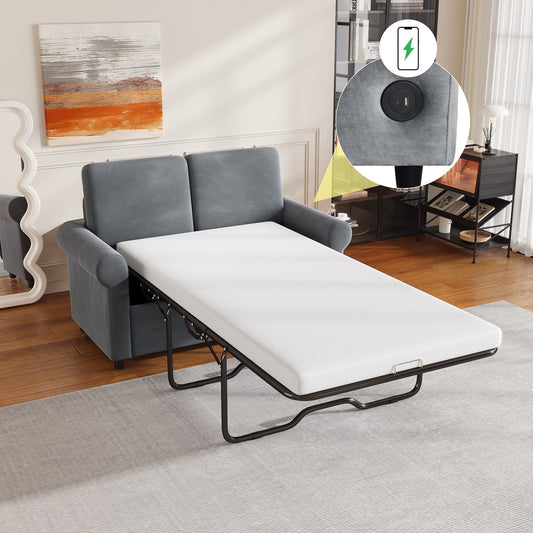Canapé-lit gigogne en velours gris avec surmatelas et ports USB