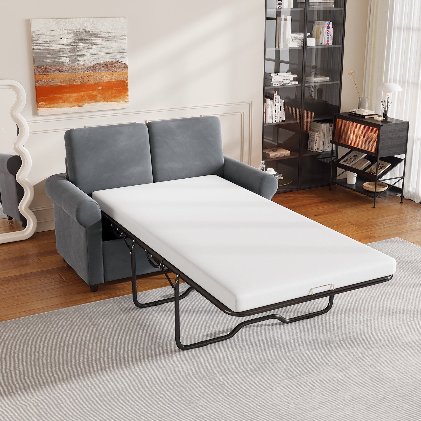 Canapé-lit gigogne en velours gris avec surmatelas et ports USB