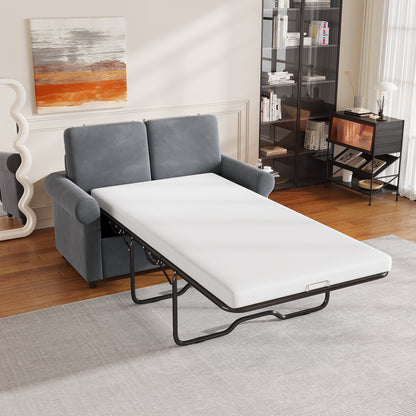 Canapé-lit gigogne en velours gris avec surmatelas et ports USB