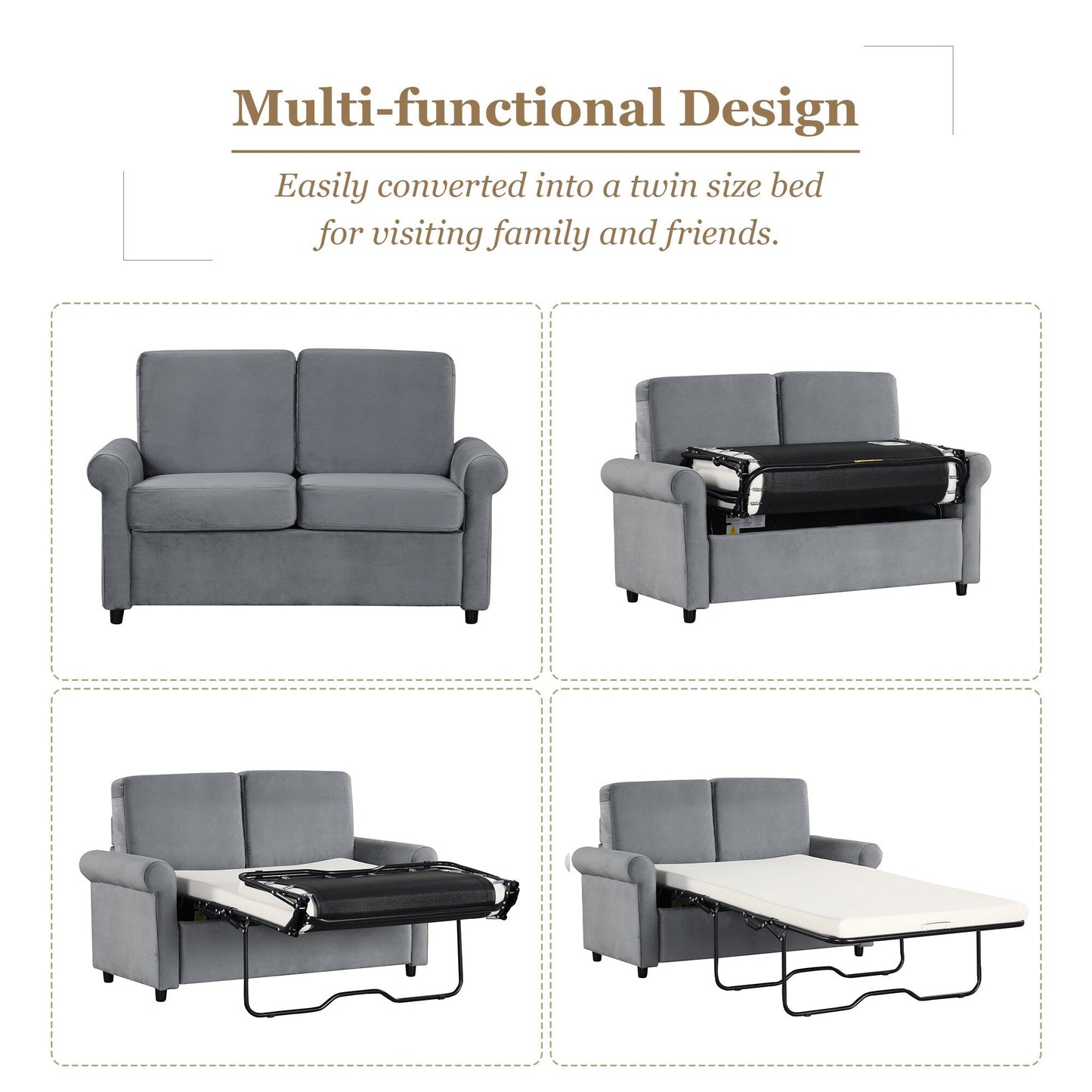 Canapé-lit gigogne en velours gris avec surmatelas et ports USB