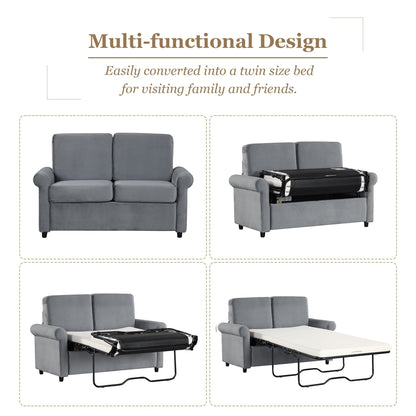 Canapé-lit gigogne en velours gris avec surmatelas et ports USB