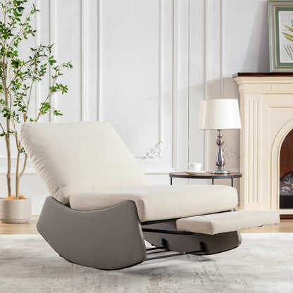 Fauteuil inclinable à bascule rembourré en velours côtelé gris et beige moderne avec repose-pieds et pieds en cuir synthétique pour salon et chambre à coucher