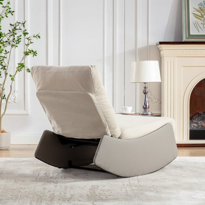 Fauteuil inclinable à bascule rembourré en velours côtelé gris et beige moderne avec repose-pieds et pieds en cuir synthétique pour salon et chambre à coucher