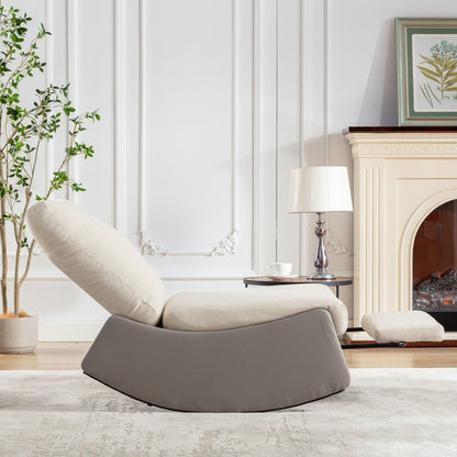 Fauteuil inclinable à bascule rembourré en velours côtelé gris et beige moderne avec repose-pieds et pieds en cuir synthétique pour salon et chambre à coucher
