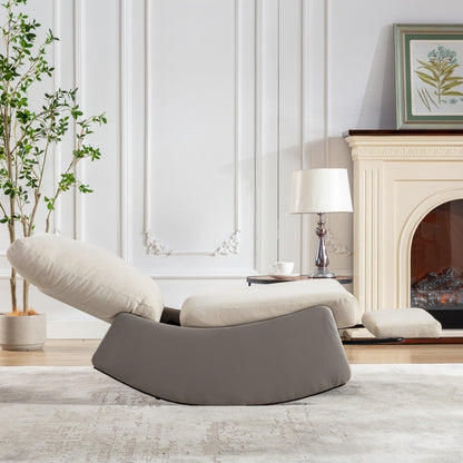 Fauteuil inclinable à bascule rembourré en velours côtelé gris et beige moderne avec repose-pieds et pieds en cuir synthétique pour salon et chambre à coucher
