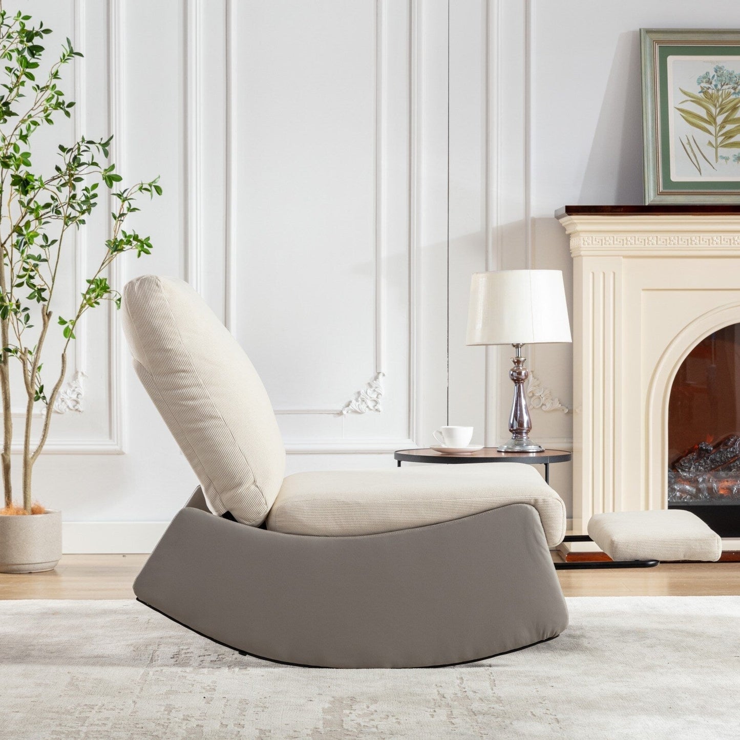 Fauteuil inclinable à bascule rembourré en velours côtelé gris et beige moderne avec repose-pieds et pieds en cuir synthétique pour salon et chambre à coucher