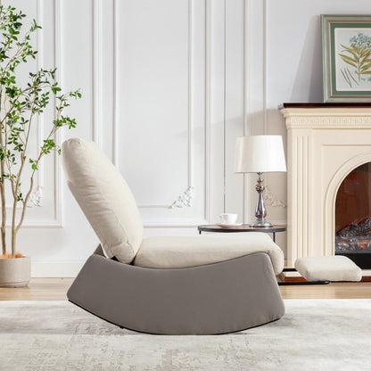 Fauteuil inclinable à bascule rembourré en velours côtelé gris et beige moderne avec repose-pieds et pieds en cuir synthétique pour salon et chambre à coucher