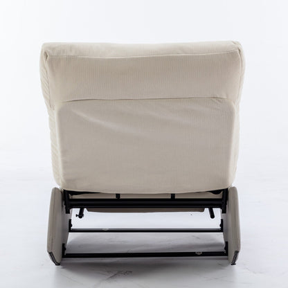 Fauteuil inclinable à bascule rembourré en velours côtelé gris et beige moderne avec repose-pieds et pieds en cuir synthétique pour salon et chambre à coucher