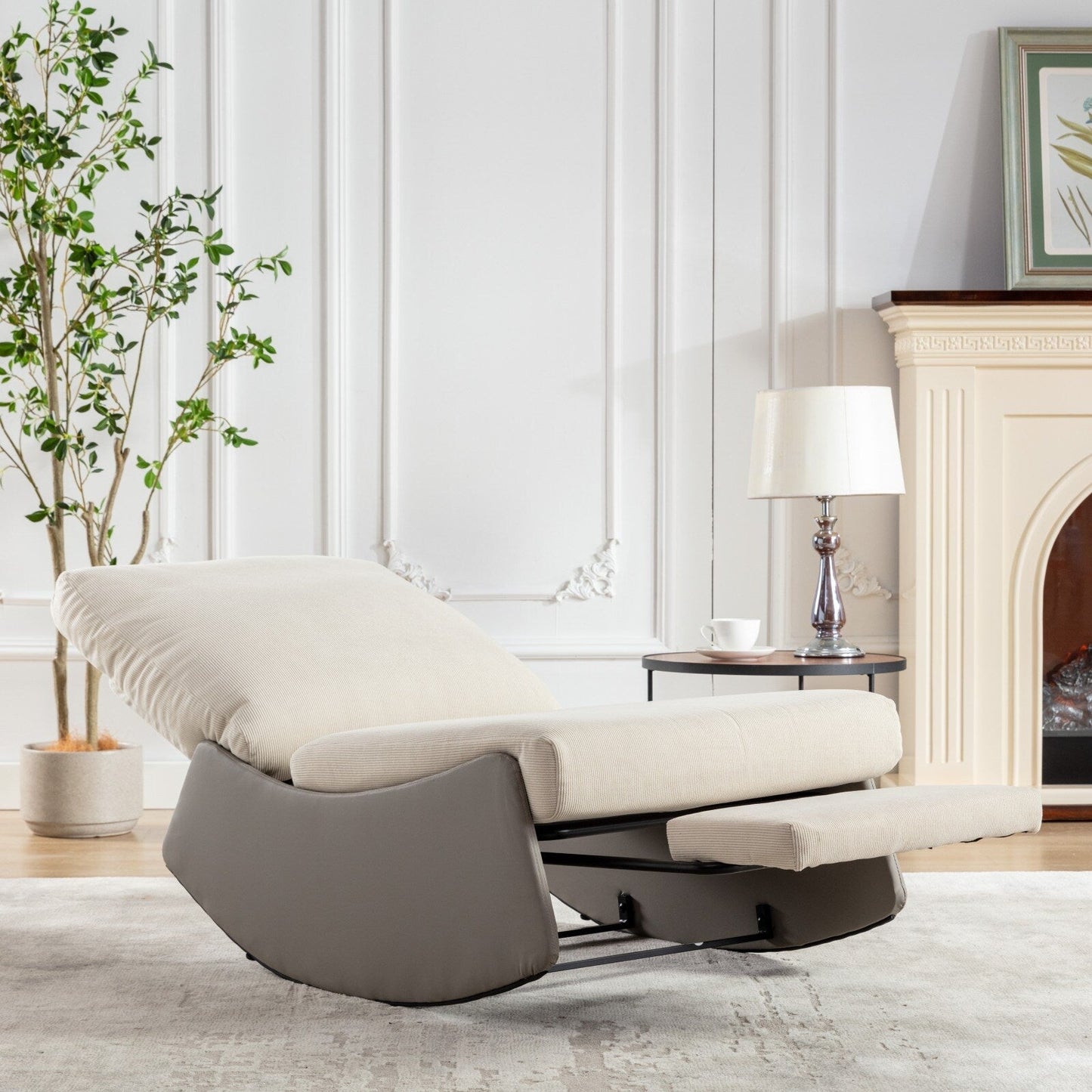 Fauteuil inclinable à bascule rembourré en velours côtelé gris et beige moderne avec repose-pieds et pieds en cuir synthétique pour salon et chambre à coucher