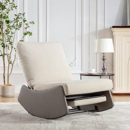 Fauteuil inclinable à bascule rembourré en velours côtelé gris et beige moderne avec repose-pieds et pieds en cuir synthétique pour salon et chambre à coucher