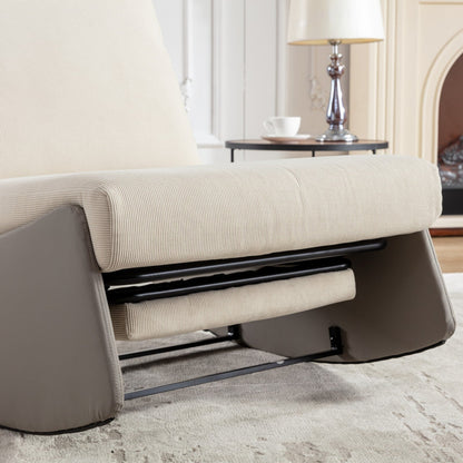Fauteuil inclinable à bascule rembourré en velours côtelé gris et beige moderne avec repose-pieds et pieds en cuir synthétique pour salon et chambre à coucher