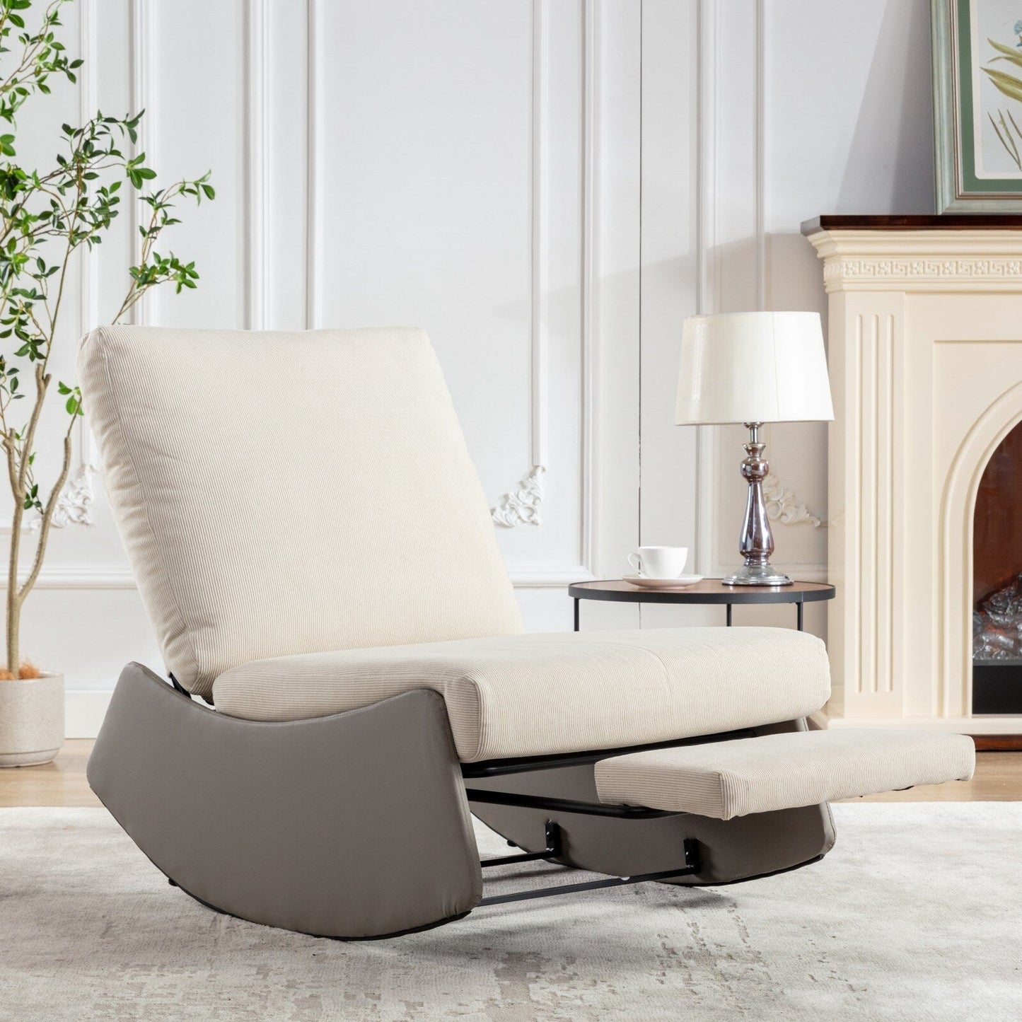 Fauteuil inclinable à bascule rembourré en velours côtelé gris et beige moderne avec repose-pieds et pieds en cuir synthétique pour salon et chambre à coucher