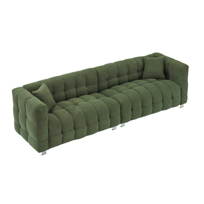 Canapé 4 places vert en polaire Teddy de 102 pouces avec 2 coussins décoratifs et pieds en métal robustes, idéal pour le salon ou la chambre.