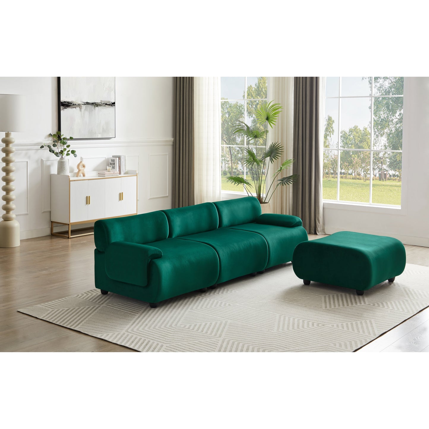 Grand canapé modulaire 3 places Green 105, avec pouf amovible, assise profonde style nuage, structure en bois massif