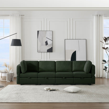 Canapé sectionnel modulaire vert 4 places de 113,8 po avec sièges de rangement, dossiers réglables et design capitonné