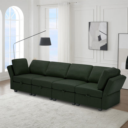 Canapé sectionnel modulaire 4 places en polyester vert 113,8 po avec rangement, personnalisable, accoudoirs et dossiers réglables