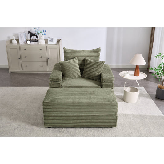 Canapé simple profond en velours côtelé vert 42,52 po avec pouf amovible, accoudoir avec rangement et 2 coussins décoratifs