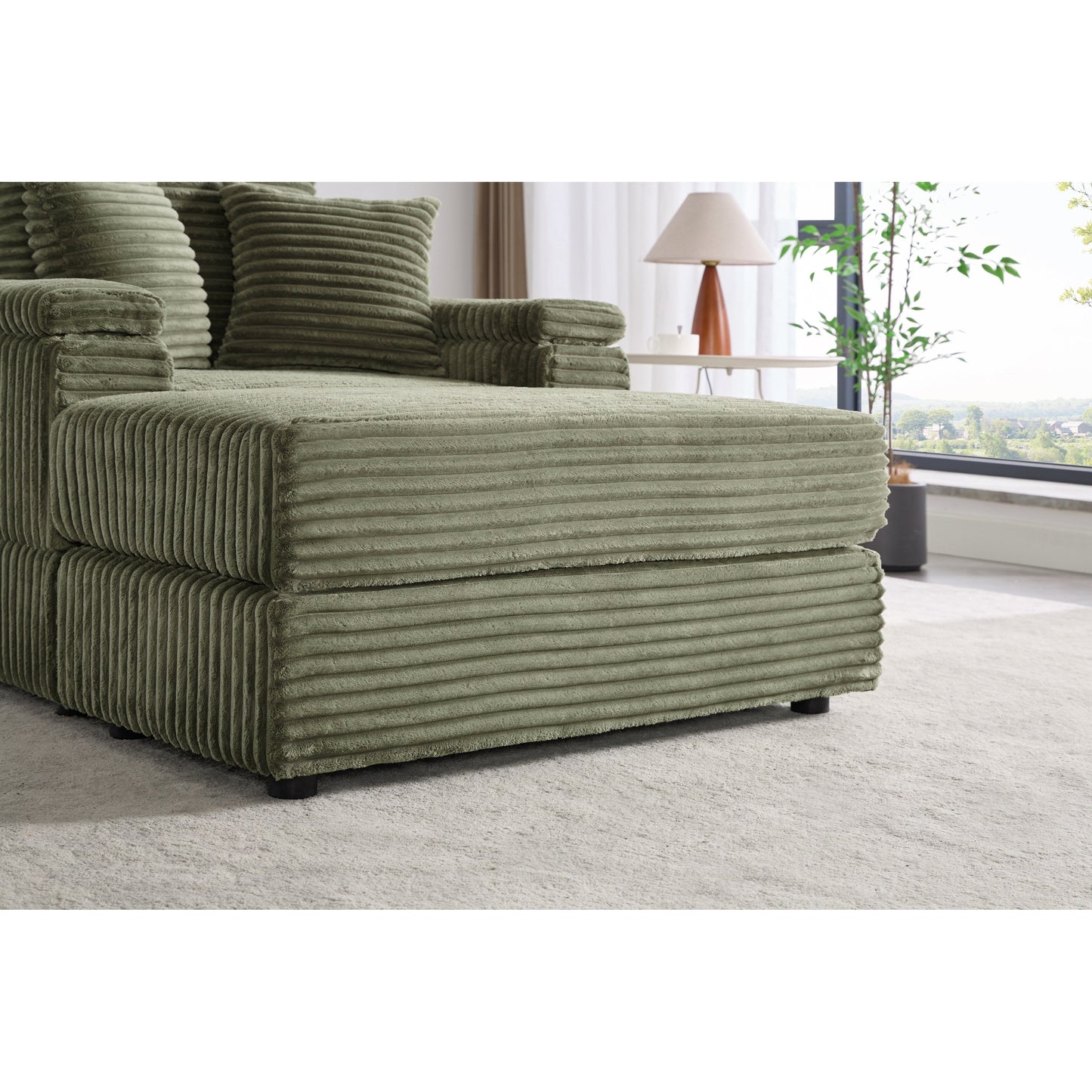 Canapé simple profond en velours côtelé vert 42,52 po avec pouf amovible, accoudoir avec rangement et 2 coussins décoratifs