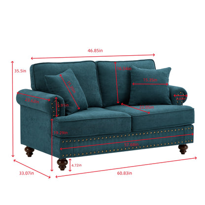 Canapé 2 places moderne en chenille verte 60, avec pieds marron, 2 oreillers et coussins de dossier amovibles