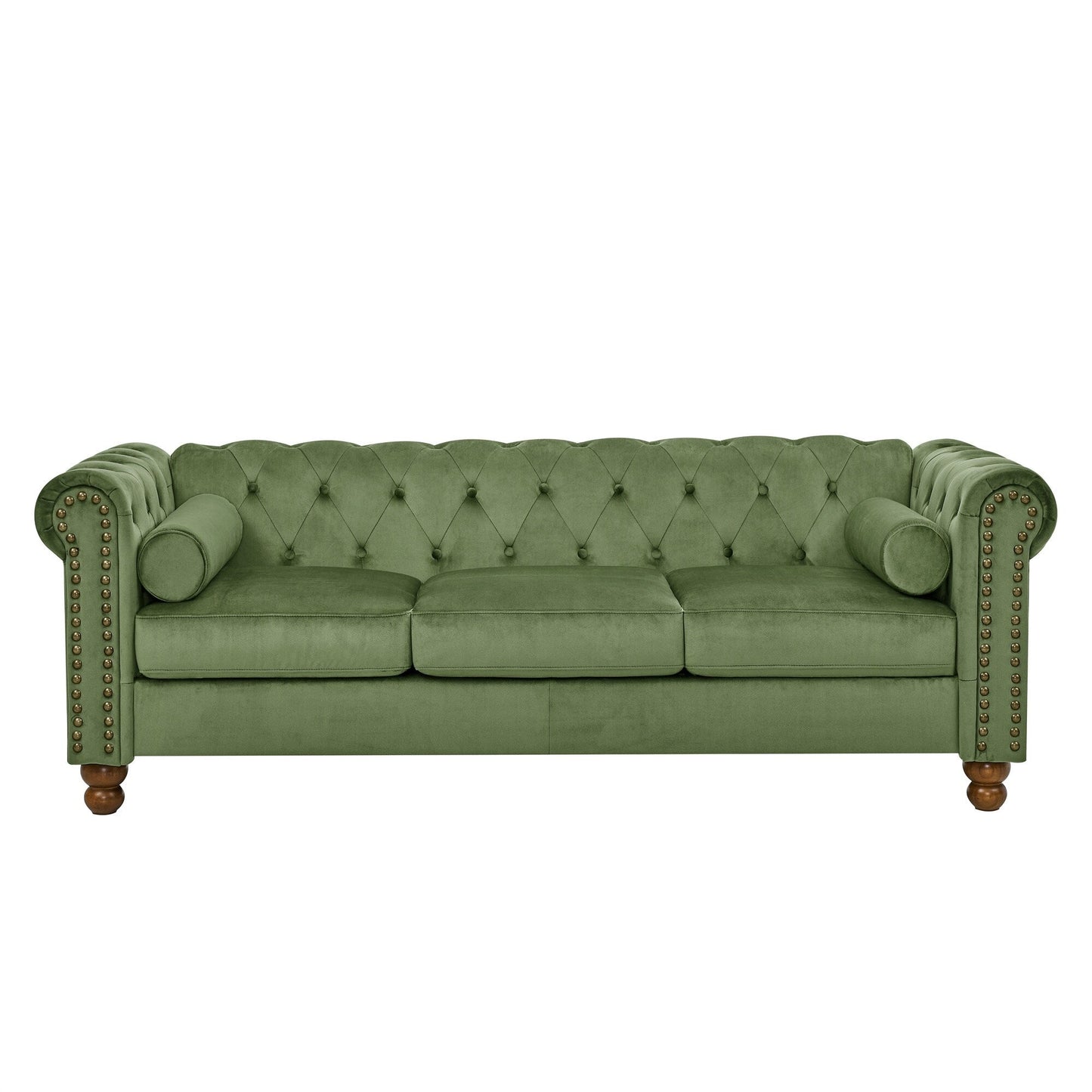 Canapé Chesterfield en velours vert 74,5 pouces avec capitonnage à boutons, accoudoirs à volutes, pieds tournés et design élégant