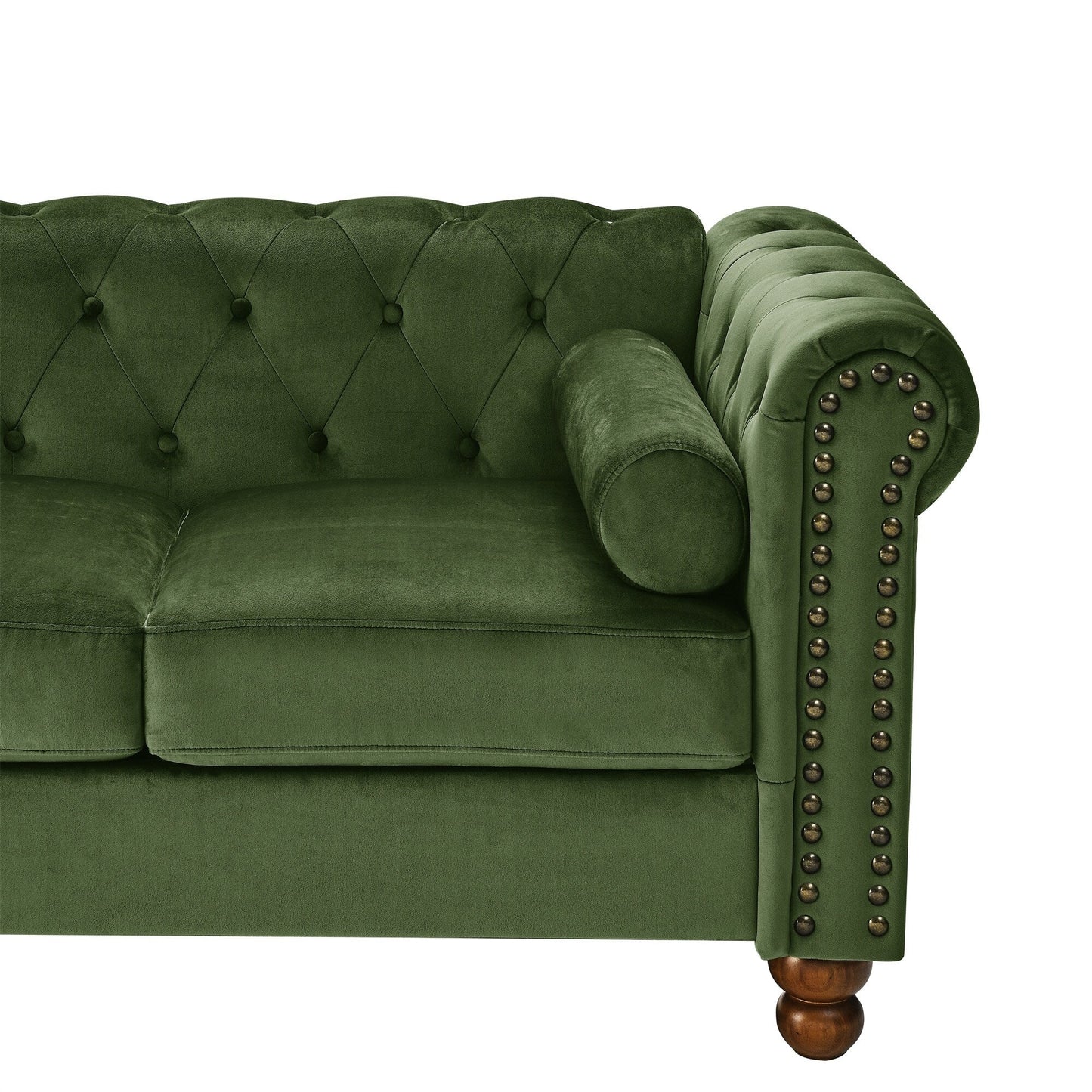 Canapé Chesterfield en velours vert 74,5 pouces avec capitonnage à boutons, accoudoirs à volutes, pieds tournés et design élégant