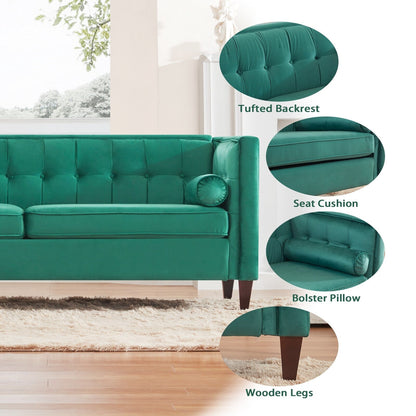 Canapé 3 places en velours vert 78 po avec capitonnage à boutons, pieds en bois et coussins traversins, assemblage facile sans outils