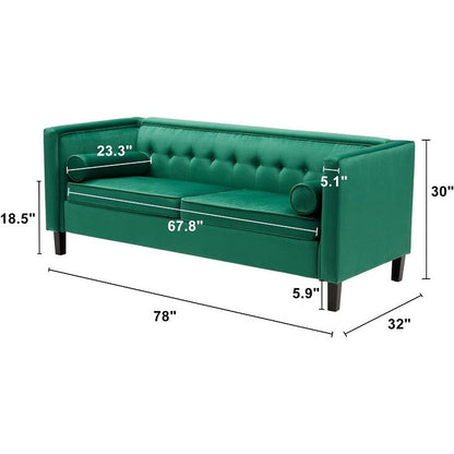 Canapé en velours vert 78'' avec capitonnage, pieds en bois et coussins traversins