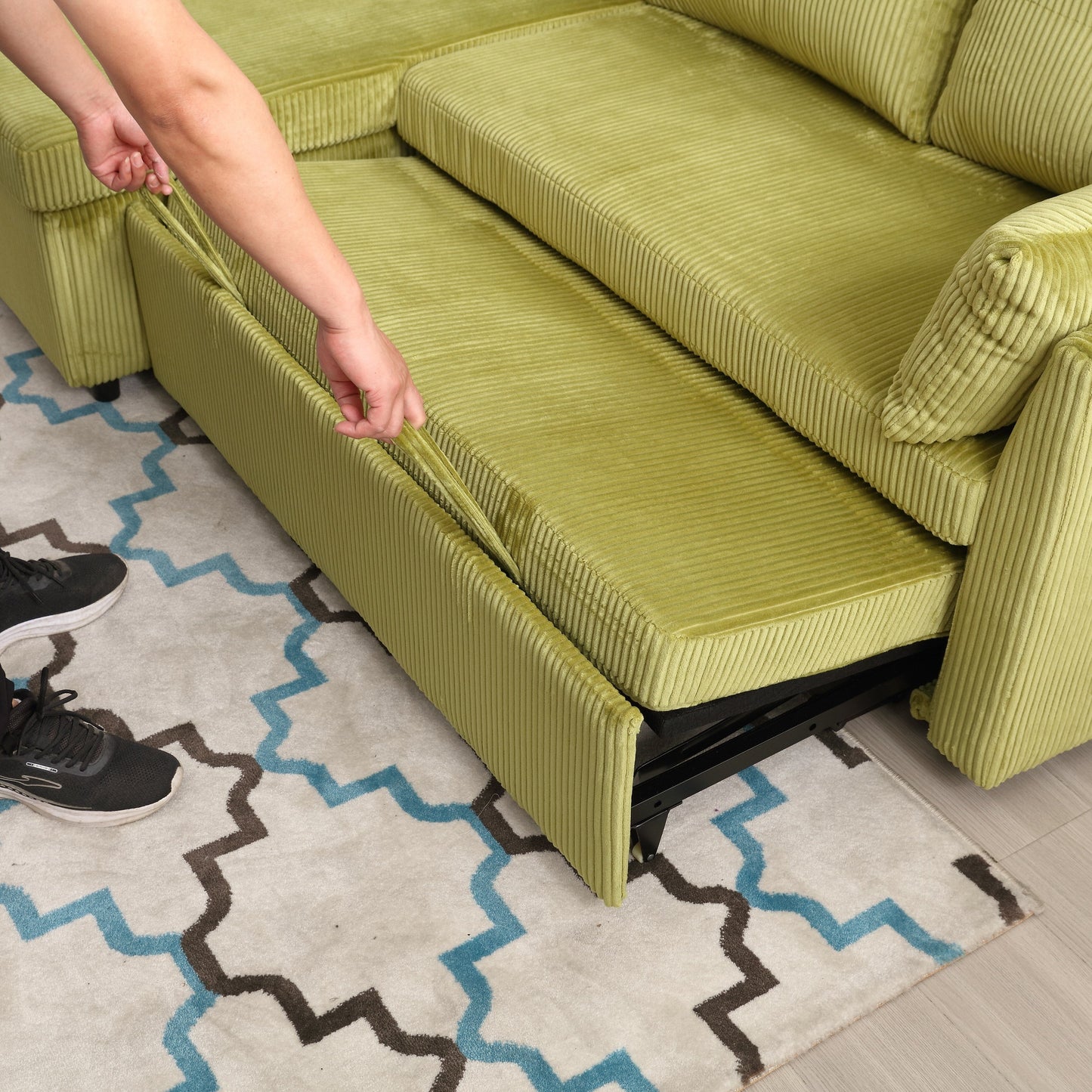 Canapé en L en tissu vert 81.1 avec méridienne réversible, rangement et structure en bois massif