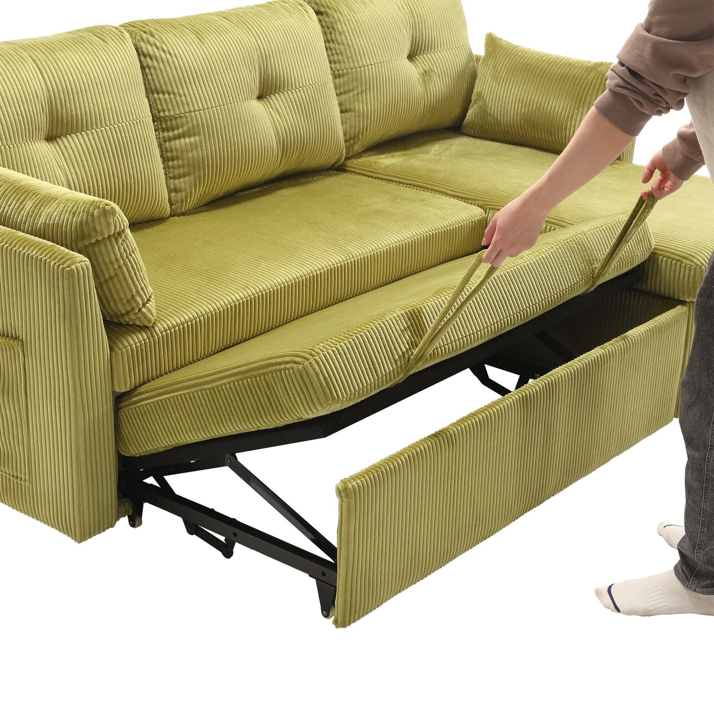 Canapé en L en tissu vert 81.1 avec méridienne réversible, rangement et structure en bois massif