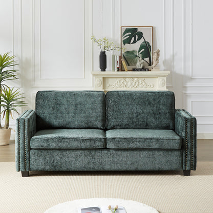 Canapé-lit 3 places en chenille verte 81 clous avec matelas en mousse à mémoire de forme pour le salon