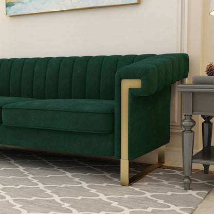 Canapé 3 places en velours vert 83,85 pouces avec accoudoirs décoratifs et touches dorées