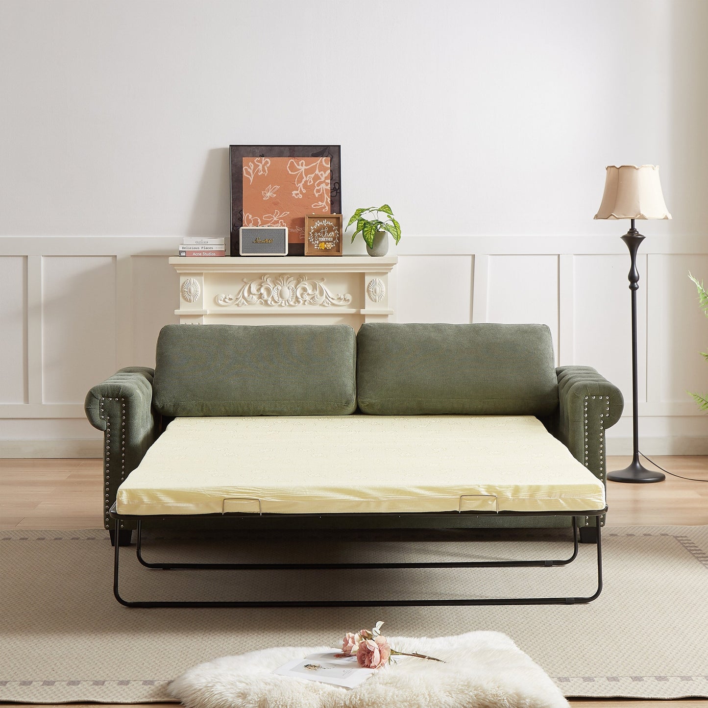 Canapé-lit convertible 3 places 2 en 1 en polyester vert 83,8 cm avec matelas pliable pour salon